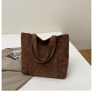 Brown corduroy strawberry print tote bag large capacity casual shoulder bag daily use.