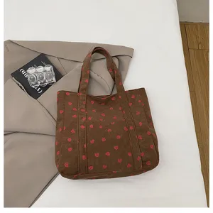 Brown corduroy strawberry print tote bag casual large capacity shoulder bag for women