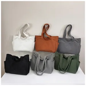 Japanese style large capacity corduroy tote bag casual solid shoulder handbag for women