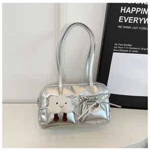 Silver metallic bowling shoulder bag with cute cloud charm and bow detail for women fashion