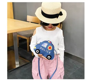 Bonito bolso cruzado en forma de coche de policía para niños, diseño azul brillante.