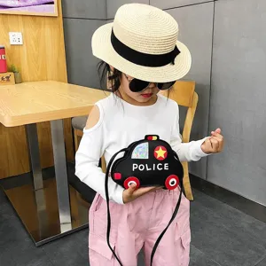 Bolso cruzado infantil de coche de policía, bolso de cuero PU negro para niñas y niños.