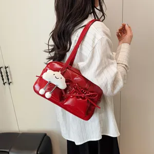 Red patent leather bowling shoulder bag for women with cute cloud pendant and bow detail main