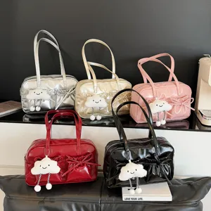 Glossy bowling handbag with bow and cute cloud pendant, stylish PU leather shoulder tote bag.