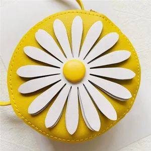 Cute yellow round kids crossbody bag with white daisy flower, PU leather toddler coin purse.