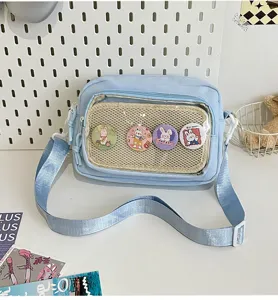 Japanese ins clear ita bag canvas crossbody shoulder bag cute cartoon pins sweet blue