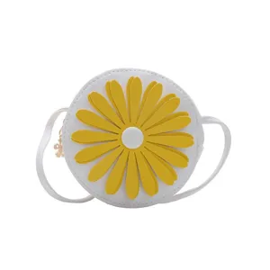 Cute kids crossbody bag with yellow daisy flower design round white pu leather coin purse.