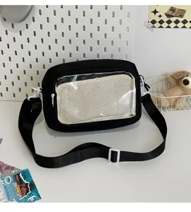 Japanese style black canvas ita bag with clear window and adjustable shoulder strap.