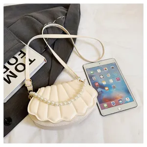 White shell shoulder bag with pearl chain stylish crossbody bag for women daily use