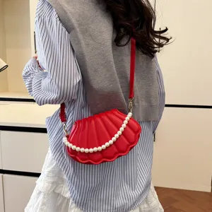 Red shell crossbody bag for women stylish pearl strap shoulder handbag summer fashion trendy