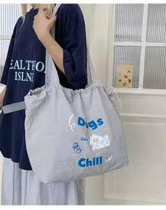 Casual canvas tote bag for women, large capacity shoulder shopping bag with cute doodle.