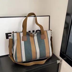 Women's Casual Fashion Canvas Tote Bag Large Capacity Striped Shoulder Crossbody Bag Daily Commuter Handbag