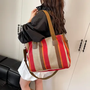 Women stylish striped canvas tote bag casual shoulder crossbody handbag for daily commute