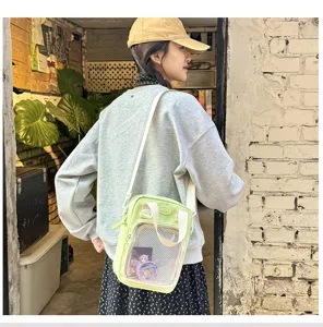 Detail view of the clear window and mesh design on this cute Japanese ita bag for students.