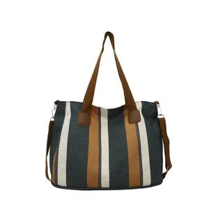 Fashion striped canvas tote bag for women, large casual shoulder and crossbody handbag.