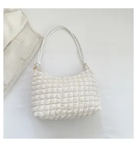 White cloud quilted shoulder bag, elegant textured baguette handbag for daily women.