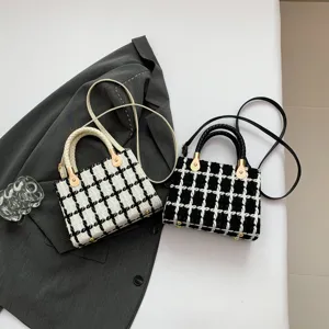 Sac à bandoulière en tweed classique pour femme sac à main à carreaux chic avec poignée tressée
