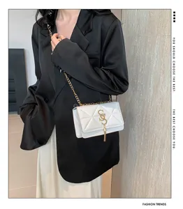 Women fashion white quilted chain crossbody shoulder bag, elegant urban style trendy small handbag.