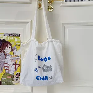 Casual white canvas tote bag with cute dog print, stylish shoulder shopping bag for students.