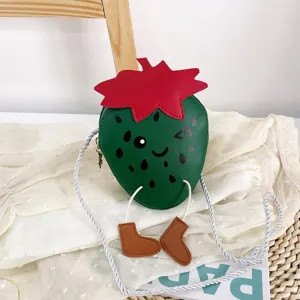 Kids cute cartoon strawberry shaped mini crossbody bag with funny boots shoulder purse