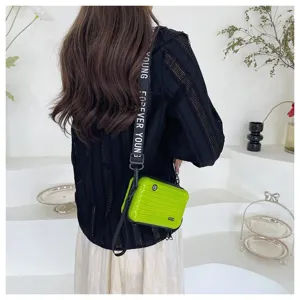 Women mini suitcase crossbody bag neon green stylish shoulder box bag with letter strap