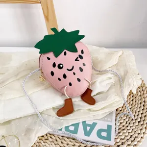 Kids cute strawberry crossbody bag details, mini mini shoulder purse with funny boots design.