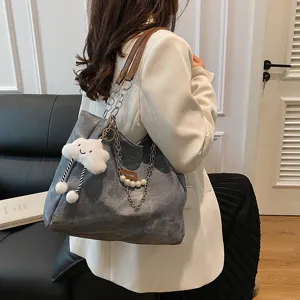 Casual large capacity canvas tote bag with chain strap and cute cloud charm for women.