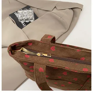 Brown corduroy strawberry print tote bag, large capacity shoulder bag for daily use.