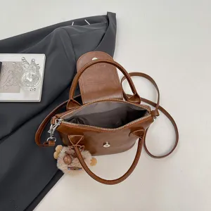 Korean vintage women handbag PU leather shoulder bag stylish brown tote with cute charm