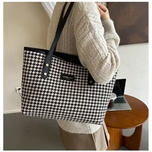 Sac cabas classique en pied-de-poule noir et blanc pour femmes, grand sac à épaule élégant.