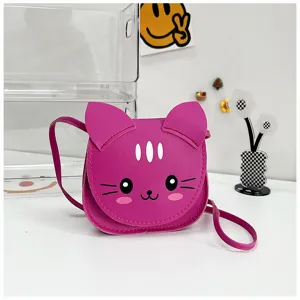 Cute cartoon cat crossbody bag for kids, pink PU leather mini shoulder bag, lovely fashion accessory.