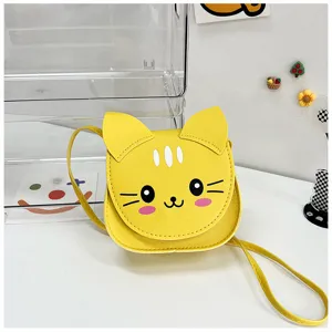 Cute cartoon cat crossbody bag detail, mini leather shoulder bag for kids and girls fashion.