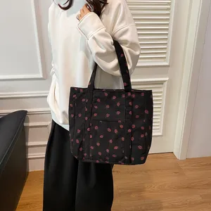 Corduroy strawberry print tote bag casual large capacity shoulder bag for women daily fashion use
