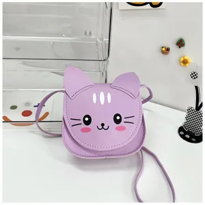 Cute purple cat crossbody bag for girls, mini leather shoulder bag with adorable cartoon design.