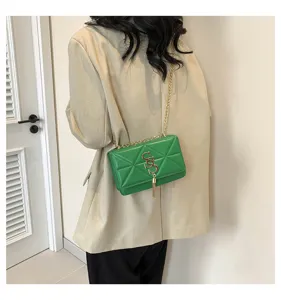 Detailed view of the stylish green quilted chain crossbody bag showcasing metallic S hardware.