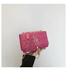 Pink quilted chain crossbody bag for women with chic metal double S clasp and tassel charm.