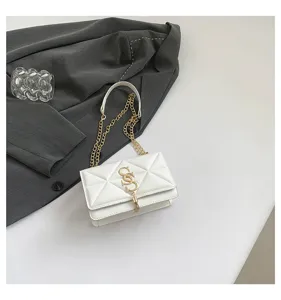 Stylish white quilted small square shoulder crossbody bag with gold chain and metal hardware detail