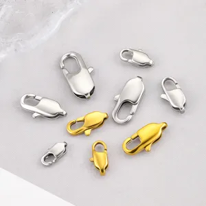 Close-up of polished stainless steel lobster claw clasps, versatile DIY jewelry findings.