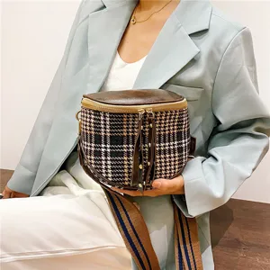 Houndstooth plaid dome crossbody bag with wide strap, trendy chic shoulder purse for women.