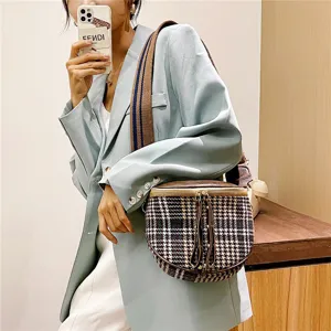 Stylish autumn winter plaid crossbody bag for women wide strap chic shoulder saddle bag
