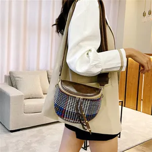 Chic women's crossbody bag with wide strap and retro plaid design for autumn winter fashion.