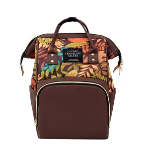 Zaino fasciatoio multifunzionale con stampa di foglie, grande borsa da viaggio per mamma.