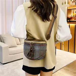 Women Houndstooth Crossbody Bag Fashion Wide Strap Shoulder Bag Casual Saddle Handbag.