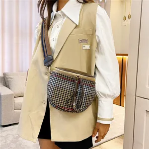 Women Houndstooth Crossbody Bag Fashion Wide Strap Shoulder Bag Autumn Winter New