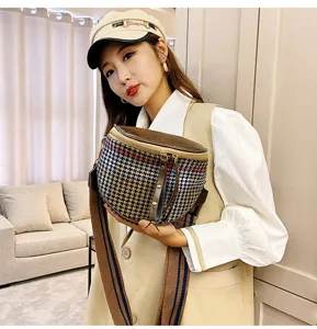 Women's trendy houndstooth crossbody bag autumn winter fashion wide strap shoulder bag