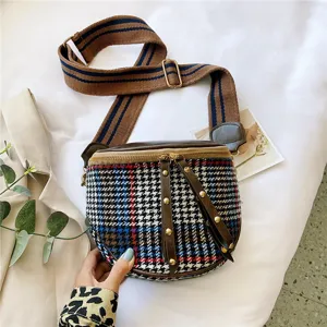 Women fashion plaid crossbody bag autumn winter casual shoulder bag with wide strap