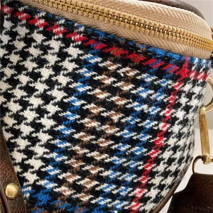 Classic houndstooth crossbody bag detail, stylish autumn winter fabric purse with wide strap.