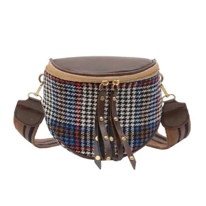 Women winter houndstooth crossbody bag wide strap stylish shoulder saddle handbag