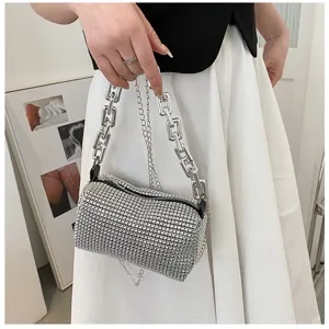 Stylish rhinestone cylinder shoulder bag with trendy chunky chain strap for women summer