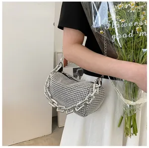 Chic rhinestone shoulder bag with chunky chain detail, stylish summer fashion handbag.
